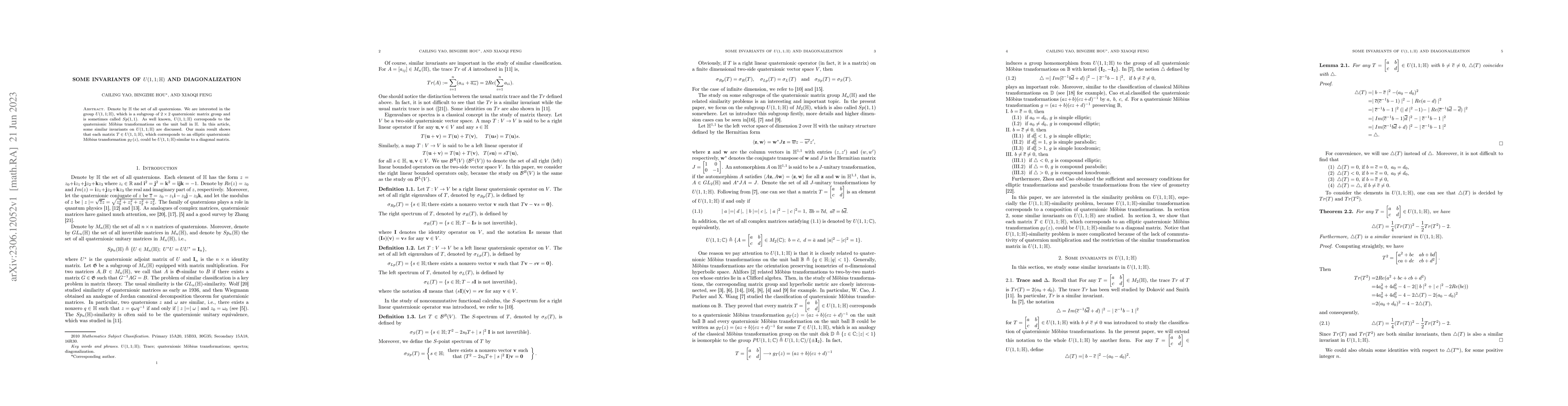 Thumbnail for Some invariants of $U(1,1;\mathbb{H})$ and diagonalization