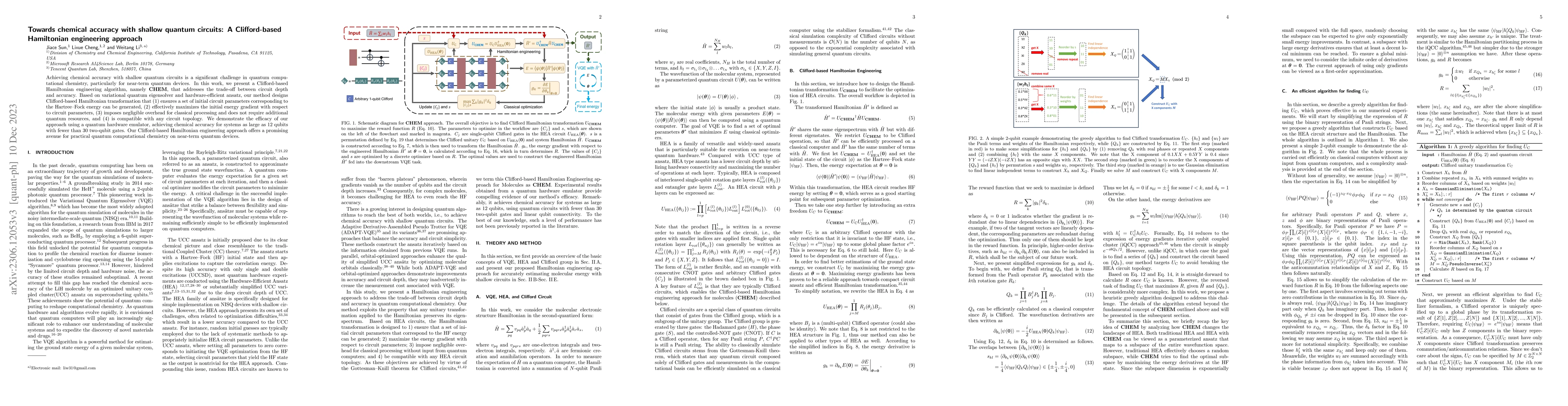Thumbnail for Towards chemical accuracy with shallow quantum circuits: A
  Clifford-based Hamiltonian engineering approach