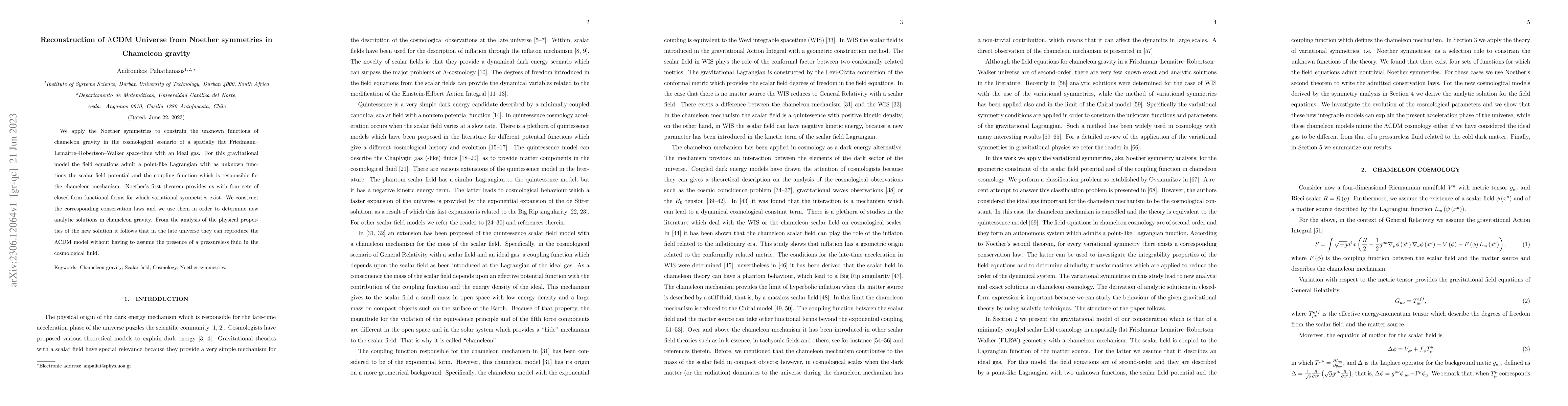Thumbnail for Reconstruction of $\Lambda$CDM Universe from Noether symmetries in
  Chameleon gravity