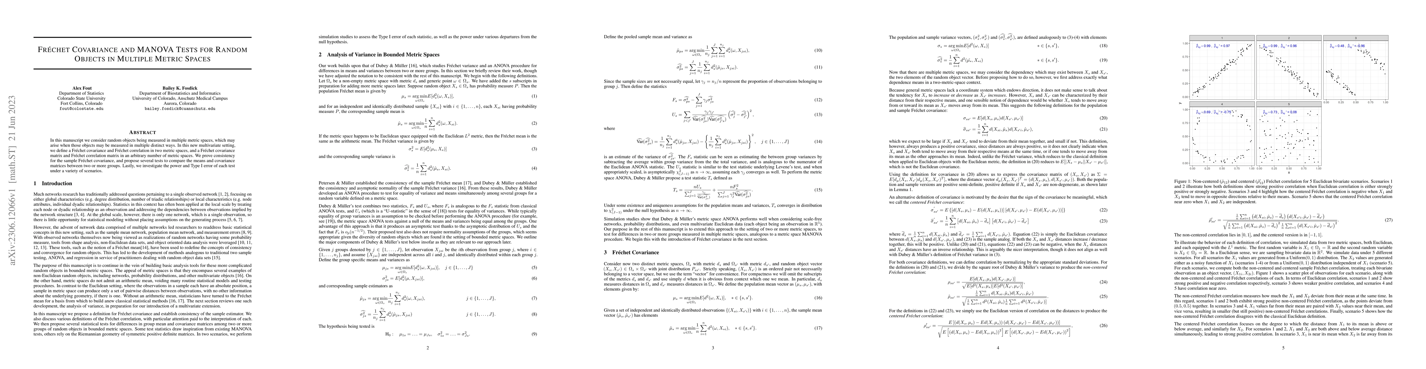 Thumbnail for Fr\'echet Covariance and MANOVA Tests for Random Objects in Multiple
  Metric Spaces