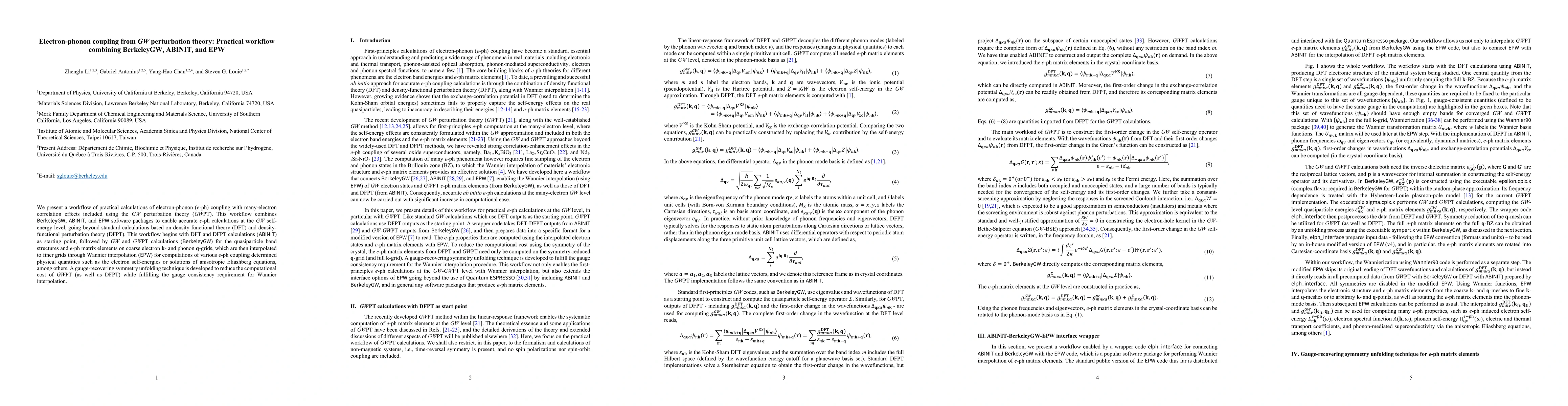 Thumbnail for Electron-phonon coupling from GW perturbation theory: Practical workflow
  combining BerkeleyGW, ABINIT, and EPW