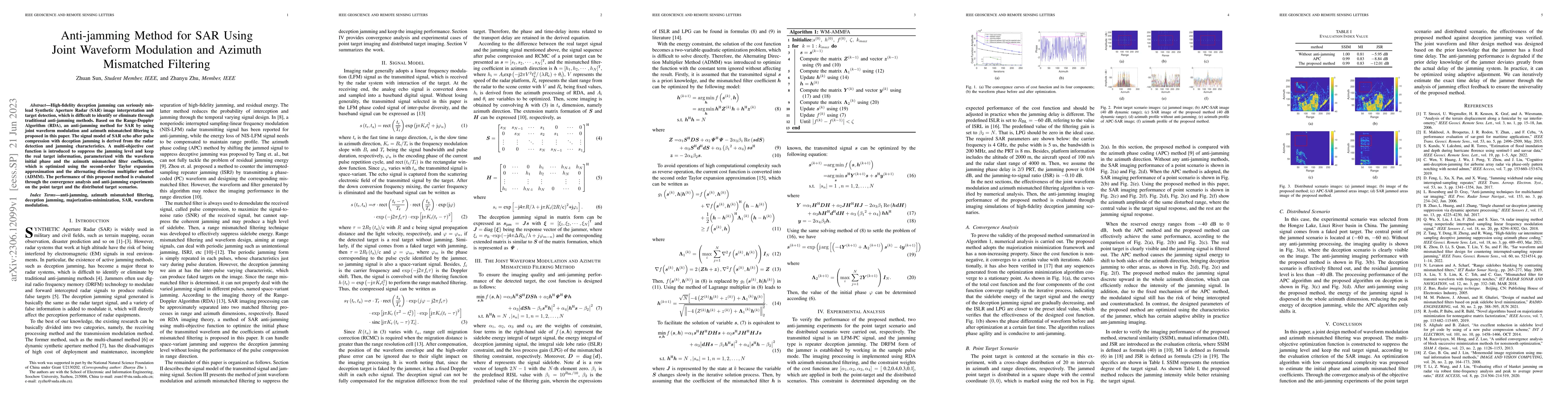 Thumbnail for Anti-jamming Method for SAR Using Joint Waveform Modulation and Azimuth
  Mismatched Filtering