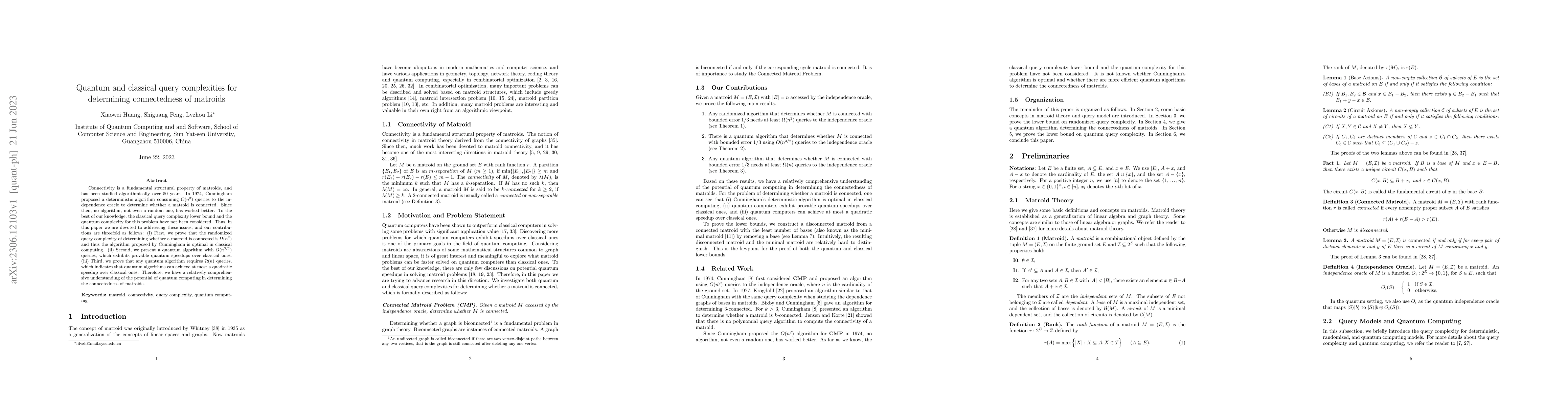 Thumbnail for Quantum and classical query complexities for determining connectedness
  of matroids