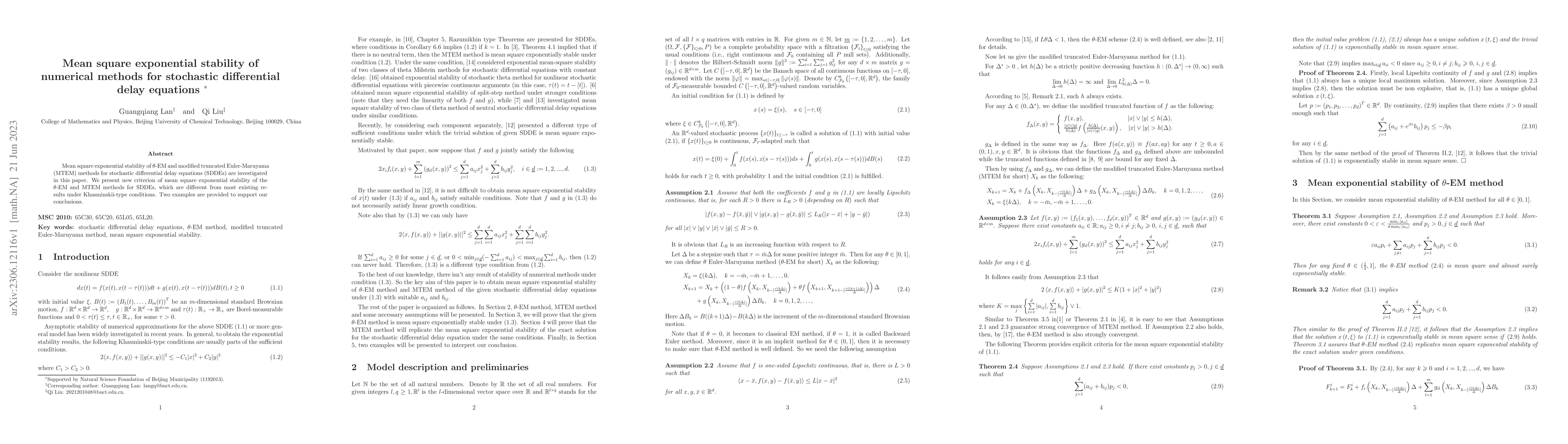Thumbnail for Mean square exponential stability of numerical methods for stochastic
  differential delay equations