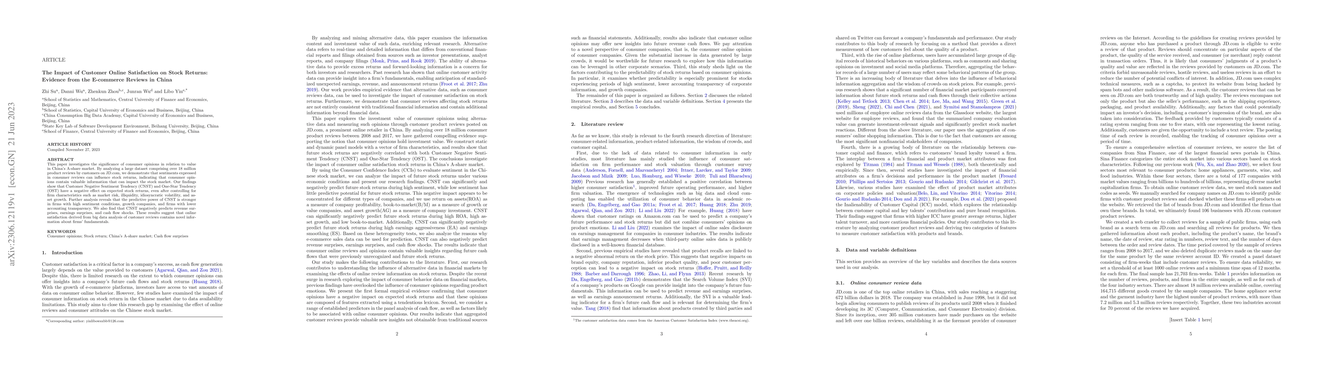 Thumbnail for The Impact of Customer Online Satisfaction on Stock Returns: Evidence
  from the E-commerce Reviews in China