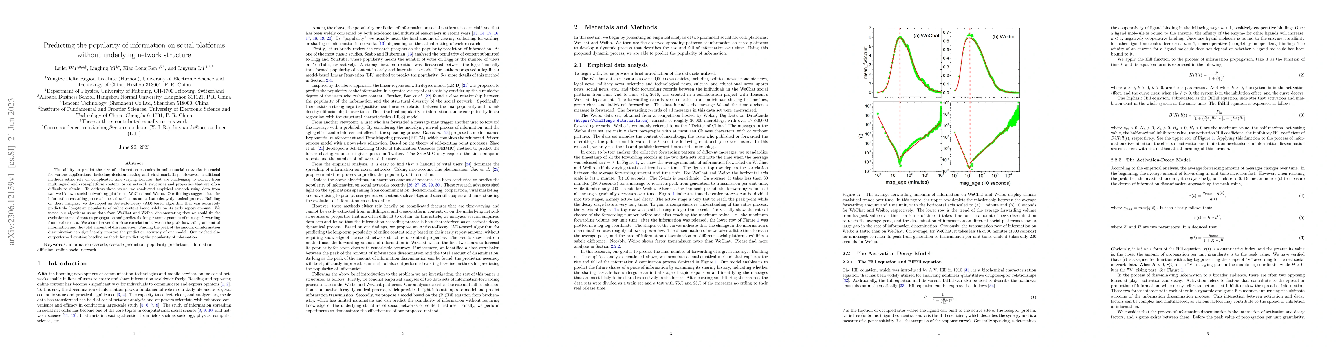 Thumbnail for Predicting the popularity of information on social platforms without
  underlying network structure