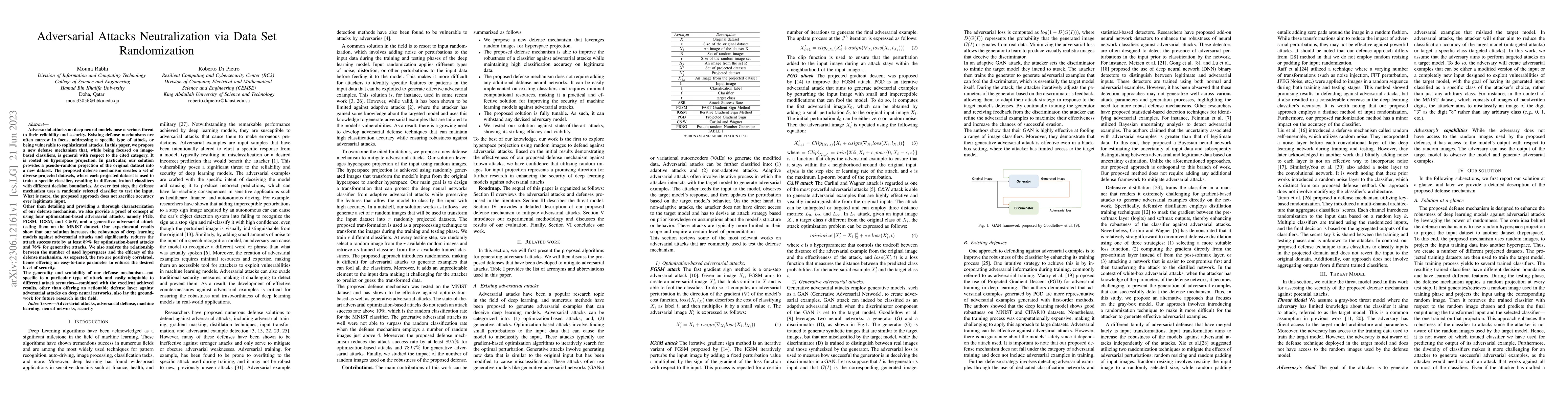 Thumbnail for Adversarial Attacks Neutralization via Data Set Randomization