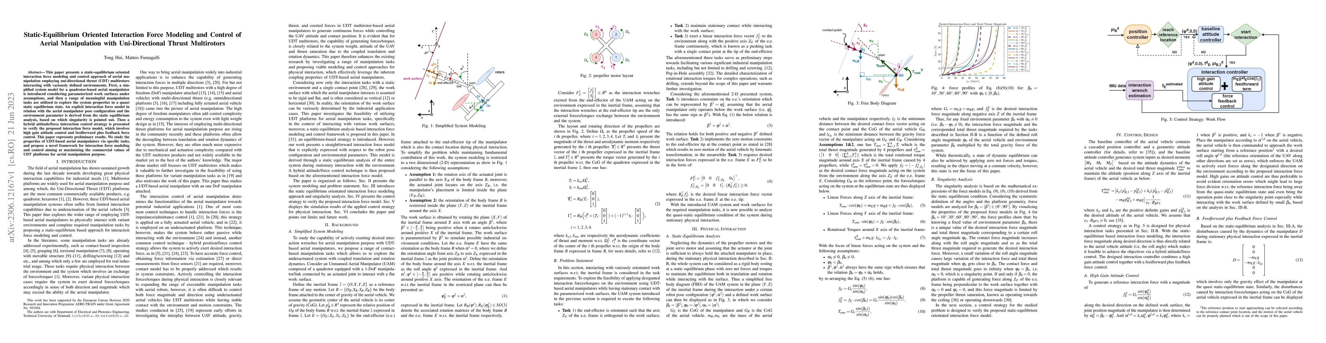 Thumbnail for Static-Equilibrium Oriented Interaction Force Modeling and Control of
  Aerial Manipulation with Uni-Directional Thrust Multirotors