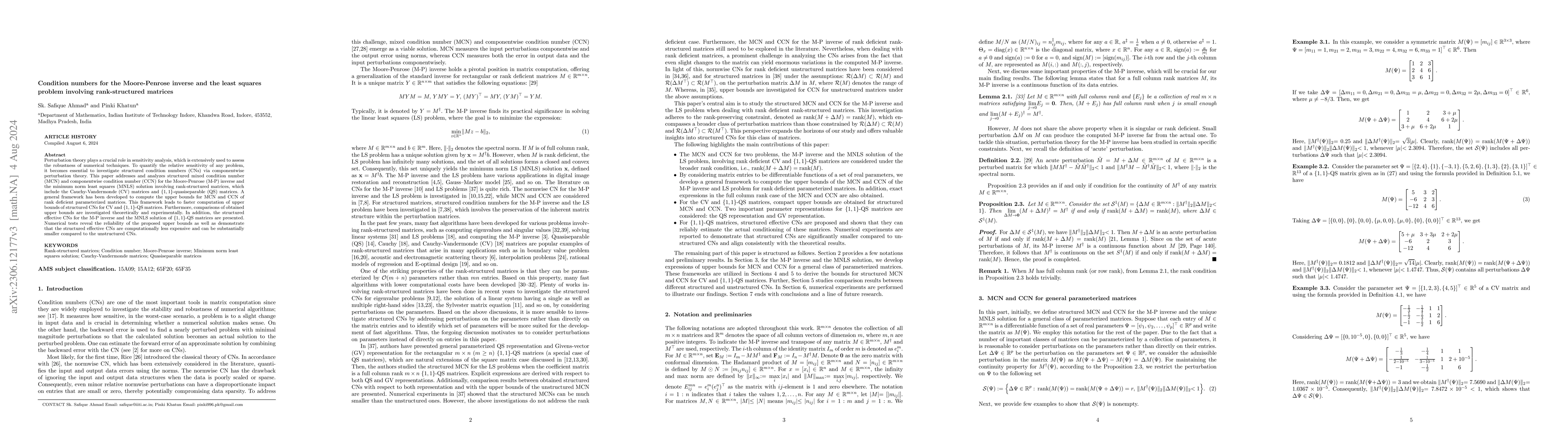 Thumbnail for Condition numbers for the Moore-Penrose inverse and the least squares
  problem involving rank-structured matrices