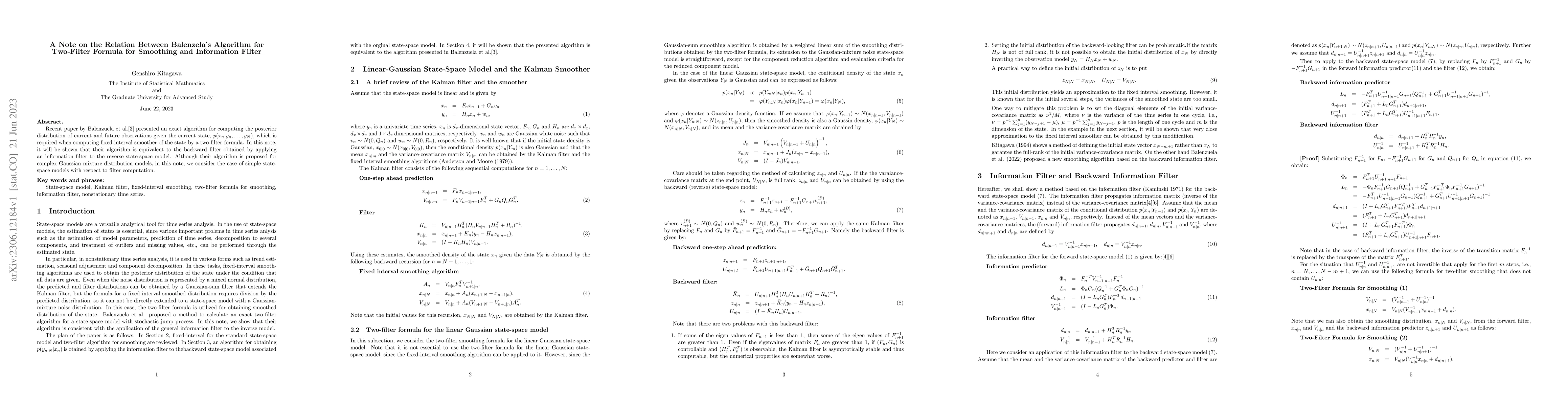Thumbnail for A Note on the Relation Between Balenzela's Algorithm for Two-Filter
  Formula for Smoothing and Information Filter