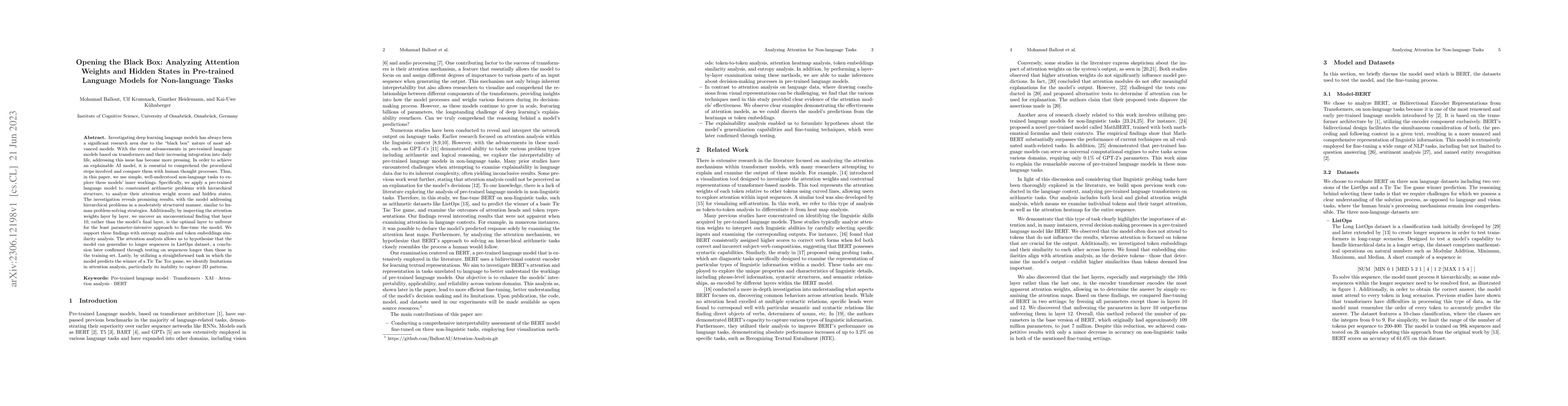Thumbnail for Opening the Black Box: Analyzing Attention Weights and Hidden States in
  Pre-trained Language Models for Non-language Tasks