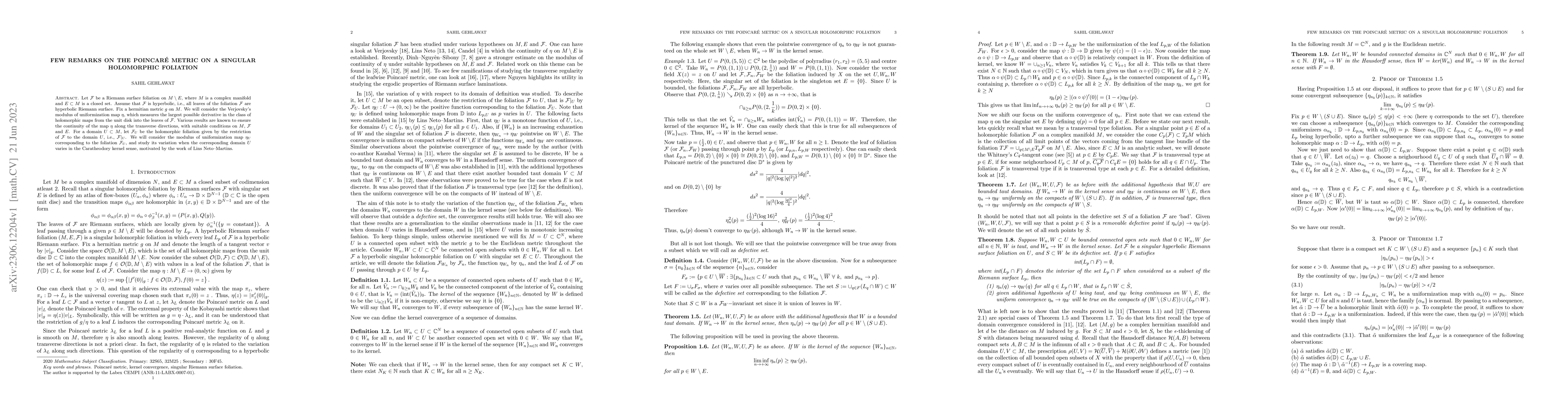 Thumbnail for Few remarks on the Poincar\'e metric on a singular holomorphic foliation
