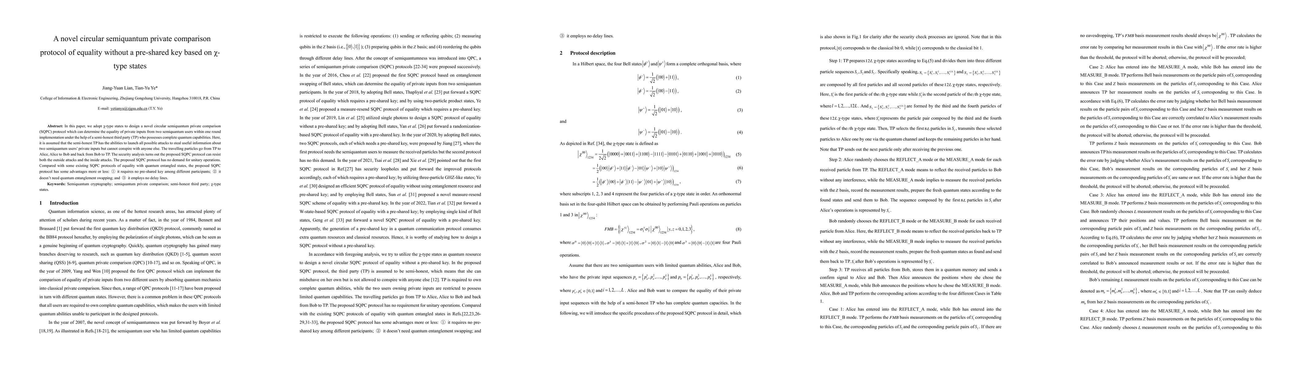 Thumbnail for A novel circular semiquantum private comparison protocol of equality
  without a pre-shared key based on \c{hi}-type states