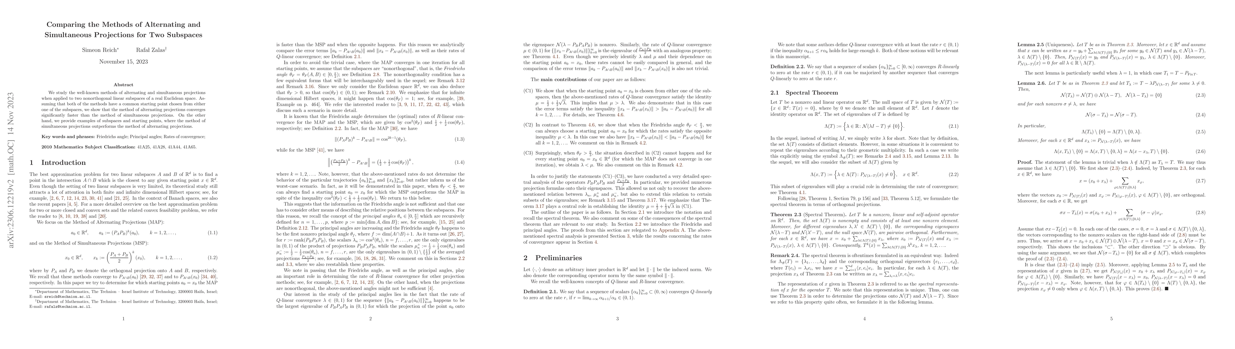 Thumbnail for Comparing the Methods of Alternating and Simultaneous Projections for
  Two Subspaces