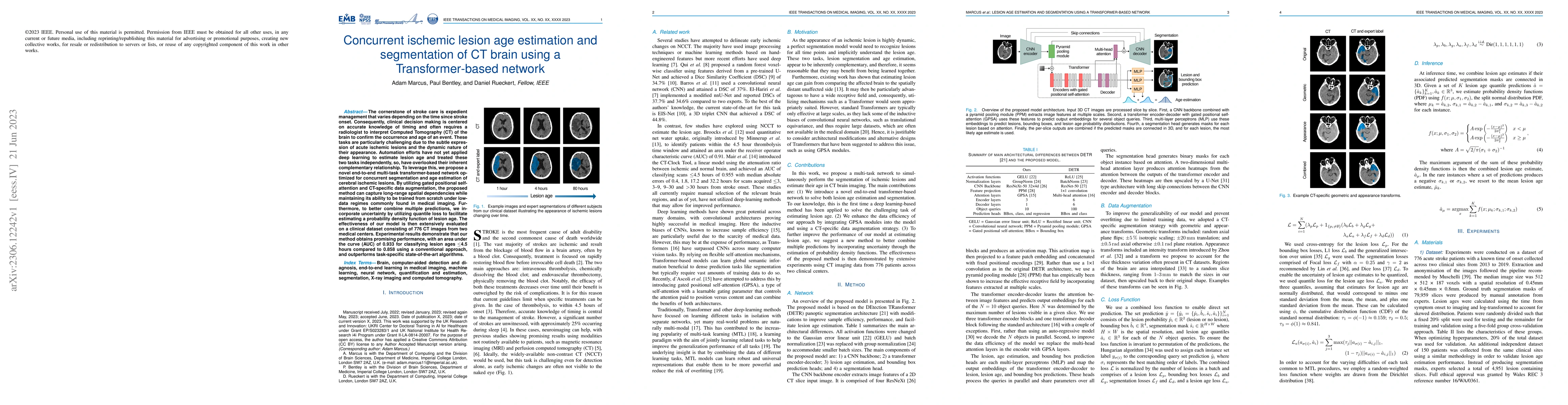 Thumbnail for Concurrent ischemic lesion age estimation and segmentation of CT brain
  using a Transformer-based network