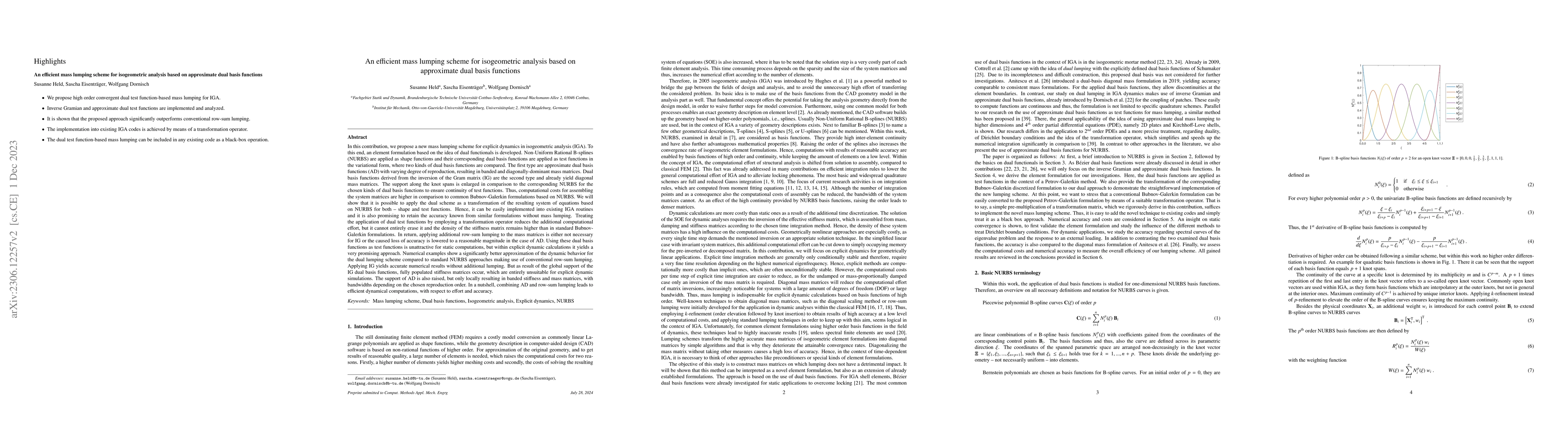 Thumbnail for An efficient mass lumping scheme for isogeometric analysis based on
  approximate dual basis functions