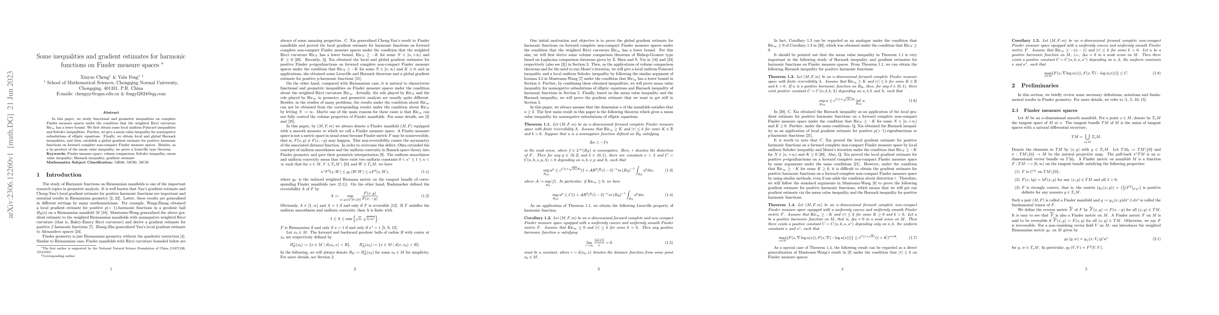 Thumbnail for Some inequalities and gradient estimates for harmonic functions on
  Finsler measure spaces