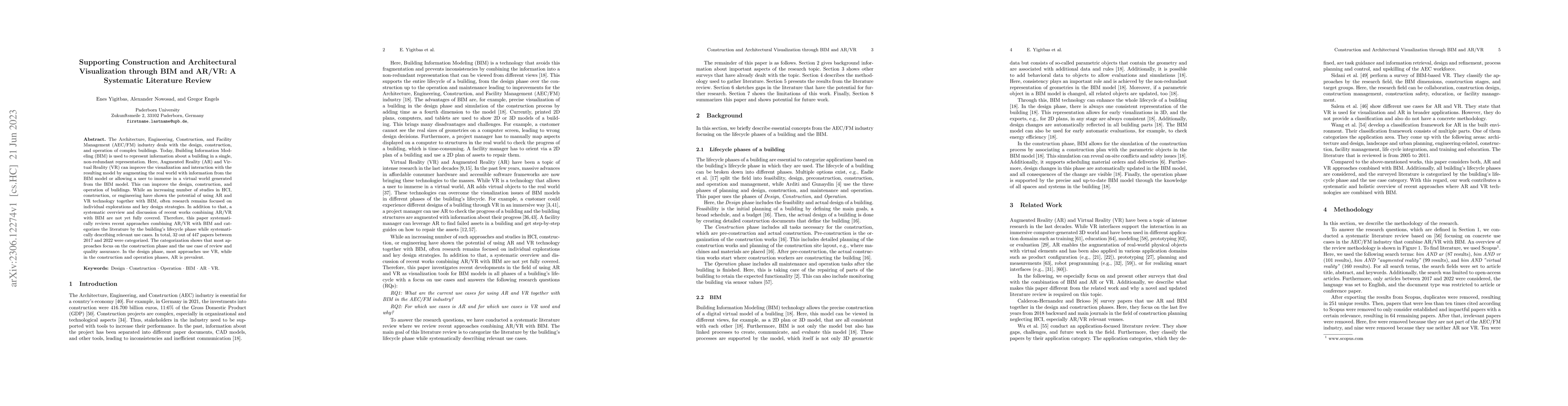 Thumbnail for Supporting Construction and Architectural Visualization through BIM and
  AR/VR: A Systematic Literature Review