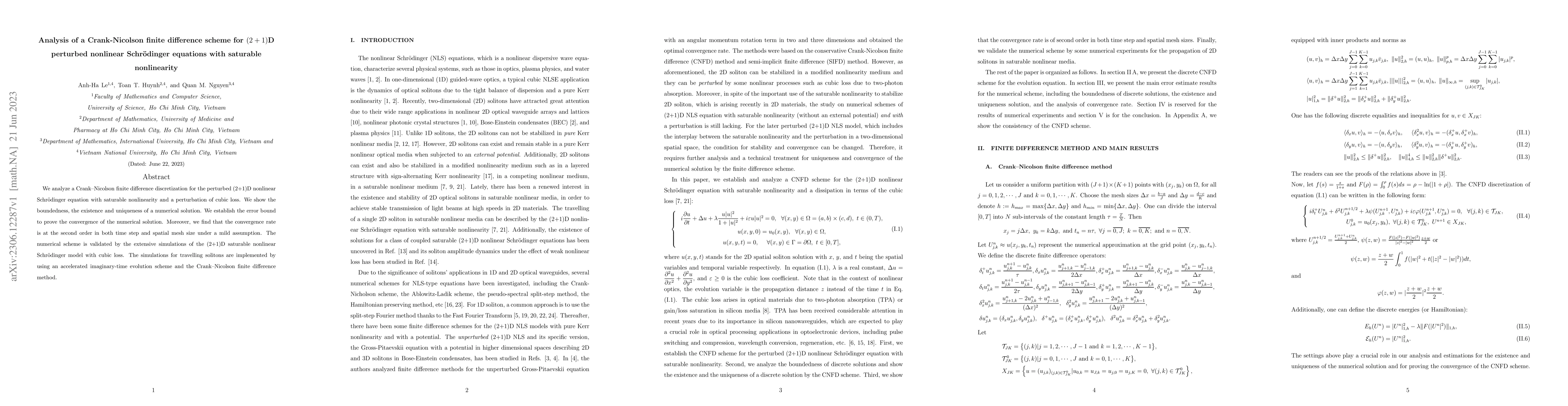 Thumbnail for Analysis of a Crank-Nicolson finite difference scheme for (2+1)D
  perturbed nonlinear Schr\"odinger equations with saturable nonlinearity