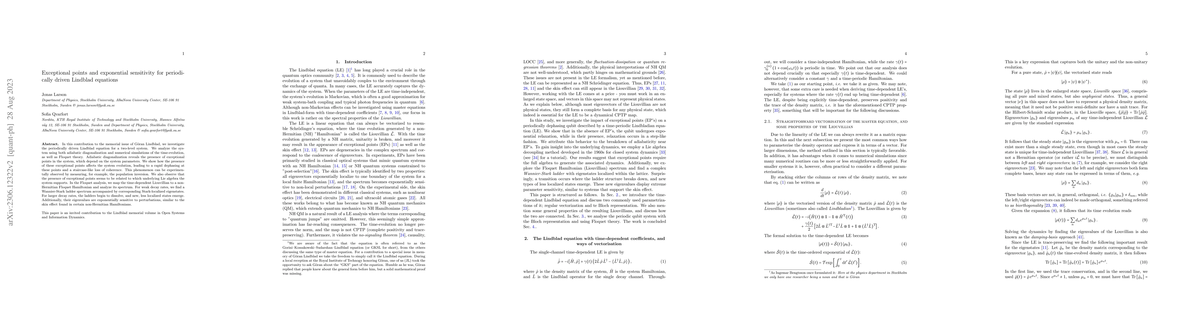 Thumbnail for Exceptional points and exponential sensitivity for periodically driven
  Lindblad equations