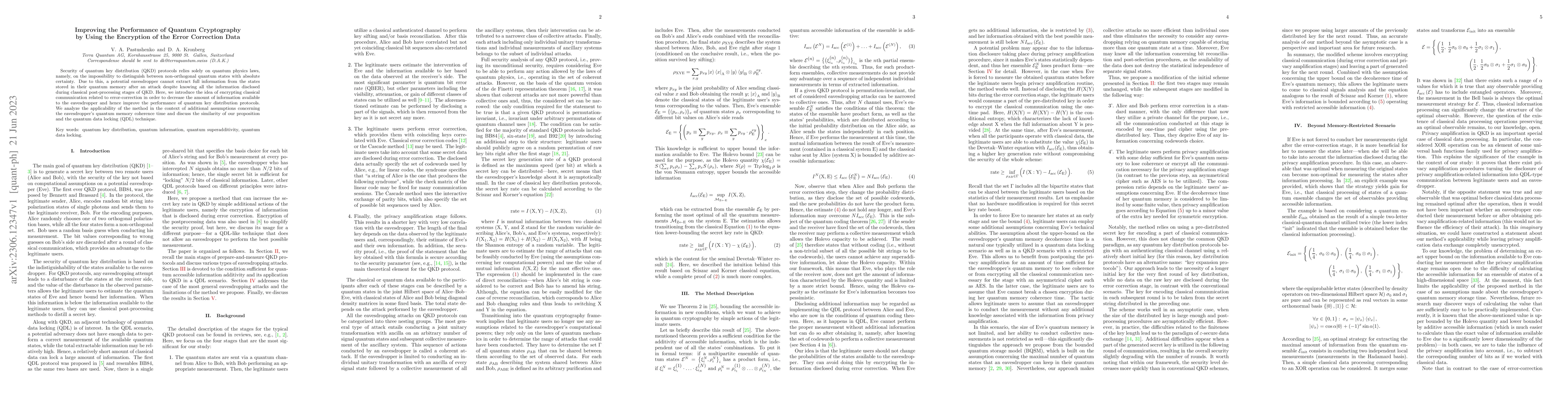 Thumbnail for Improving the performance of quantum cryptography by using the
  encryption of the error correction data