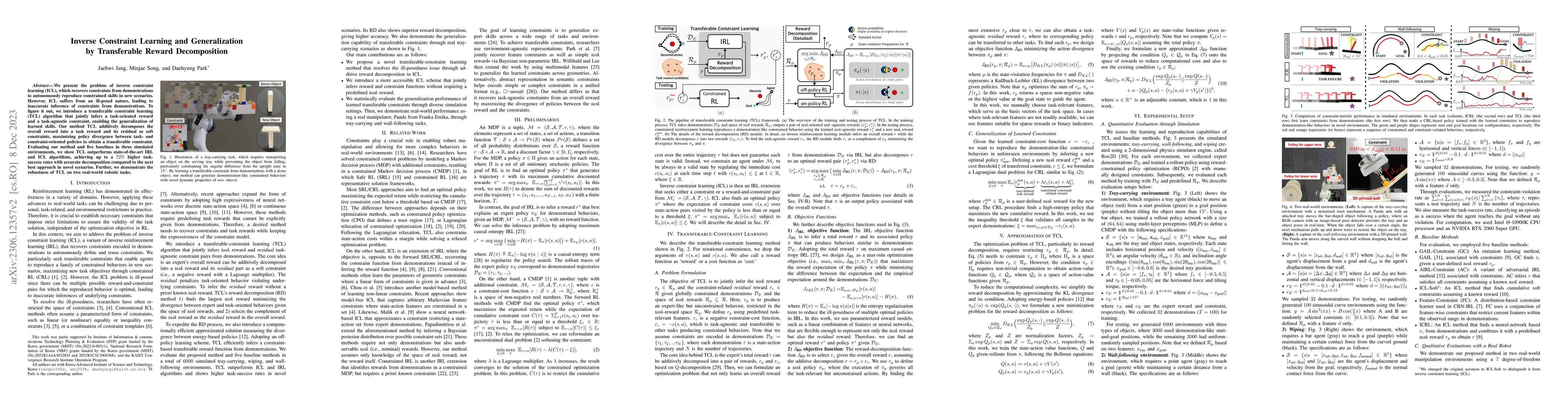 Thumbnail for Inverse Constraint Learning and Generalization by Transferable Reward
  Decomposition