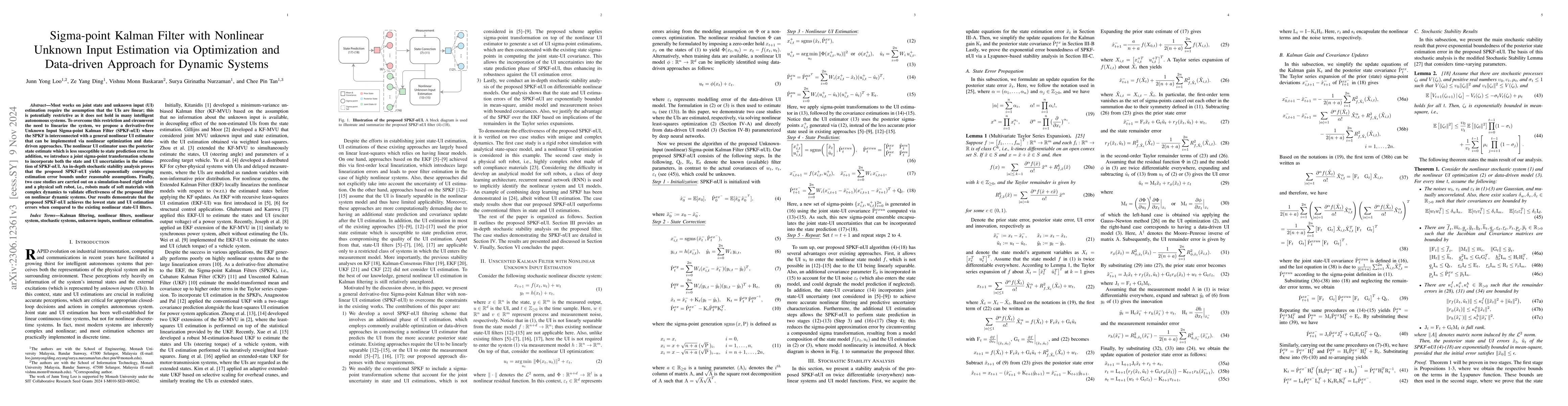 Thumbnail for Sigma-point Kalman Filter with Nonlinear Unknown Input Estimation via
  Optimization and Data-driven Approach for Dynamic Systems