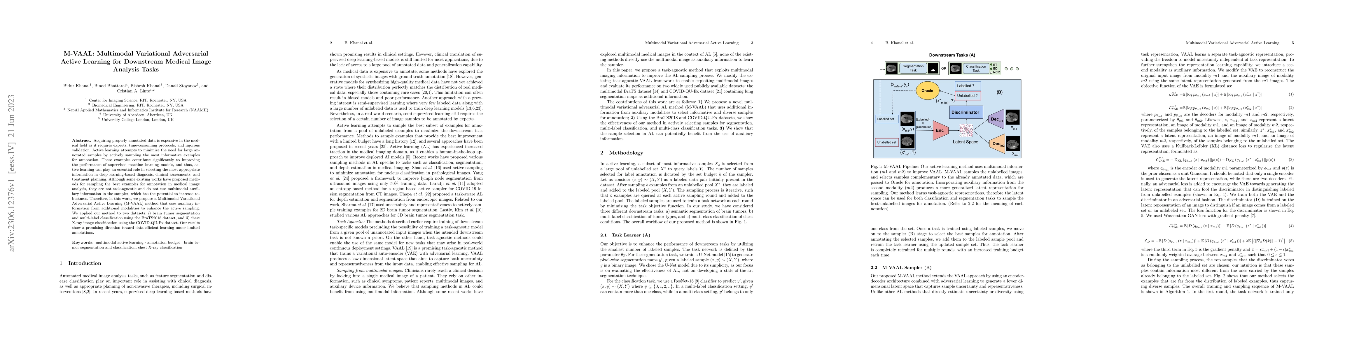 Thumbnail for M-VAAL: Multimodal Variational Adversarial Active Learning for
  Downstream Medical Image Analysis Tasks
