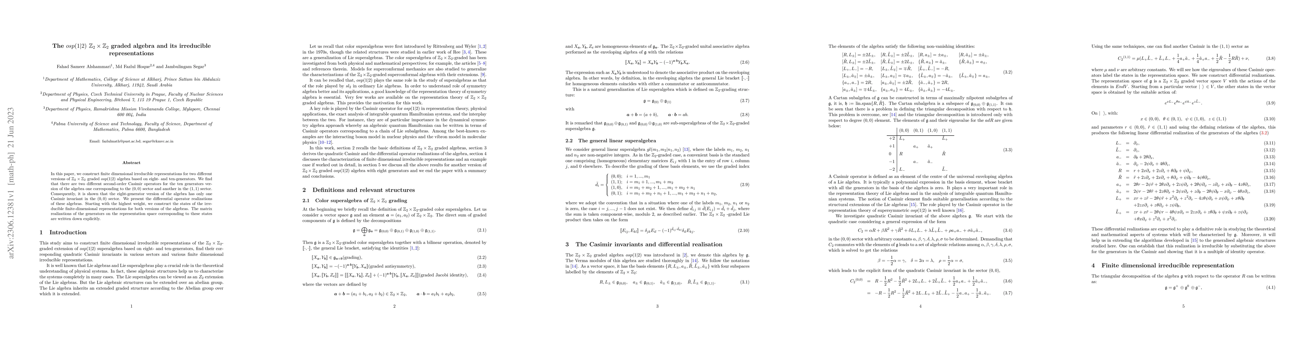 Thumbnail for The $osp(1|2)$ \Z2 graded algebra and its irreducible representations