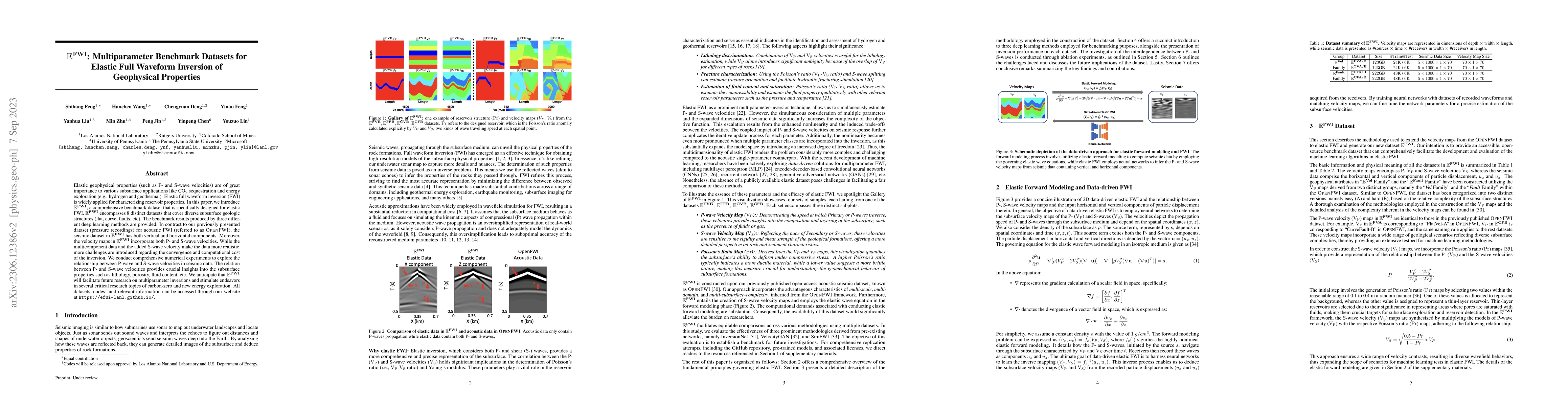 Thumbnail for $\mathbf{\mathbb{E}^{FWI}}$: Multi-parameter Benchmark Datasets for
  Elastic Full Waveform Inversion of Geophysical Properties