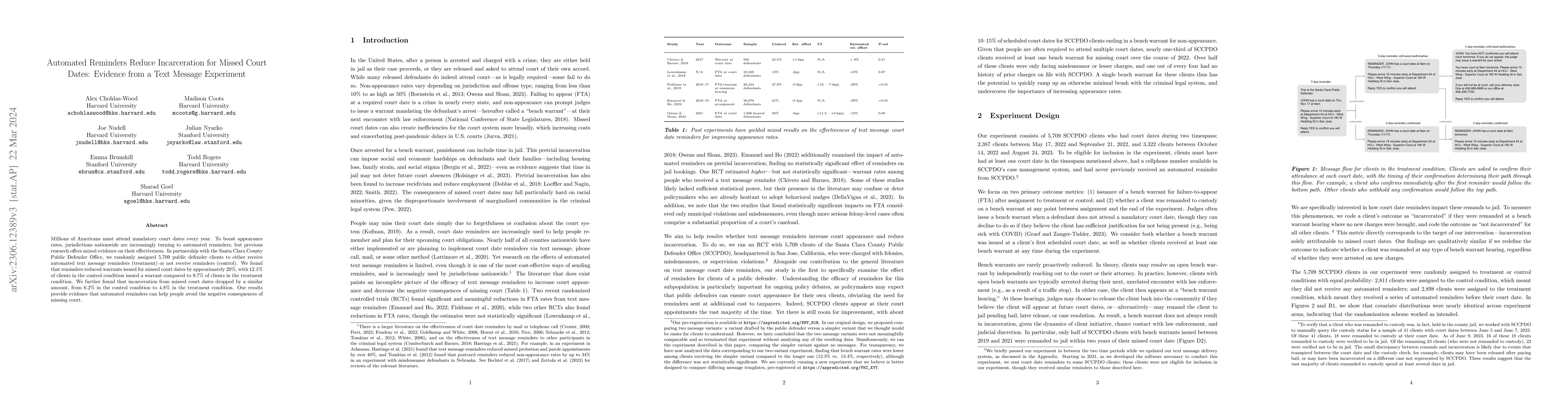 Thumbnail for Automated Reminders Reduce Incarceration for Missed Court Dates:
  Evidence from a Text Message Experiment