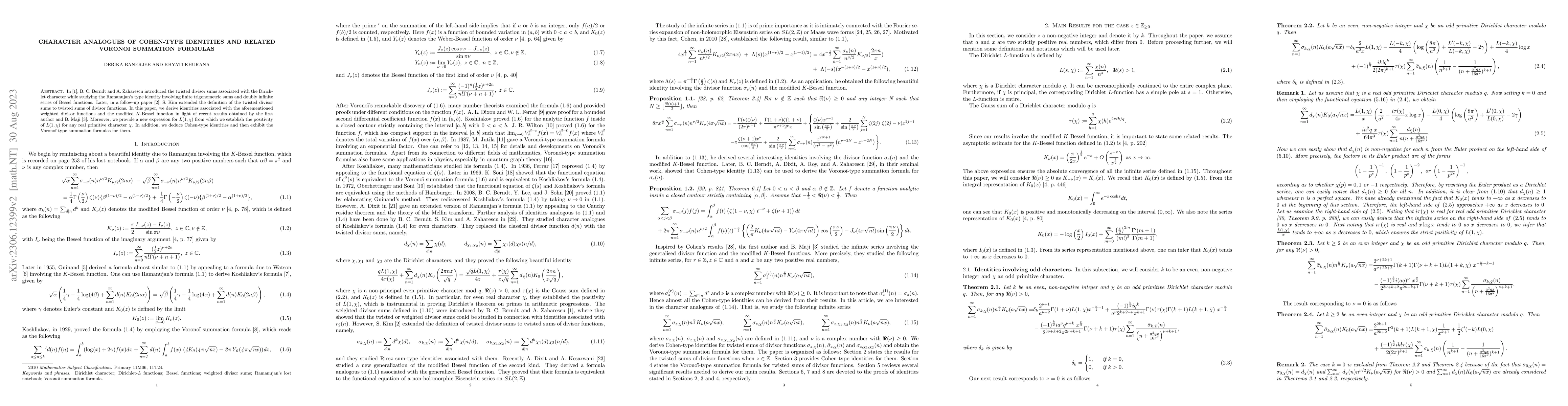 Thumbnail for Character analogues of Cohen type identities and related Voronoi
  summation formulas