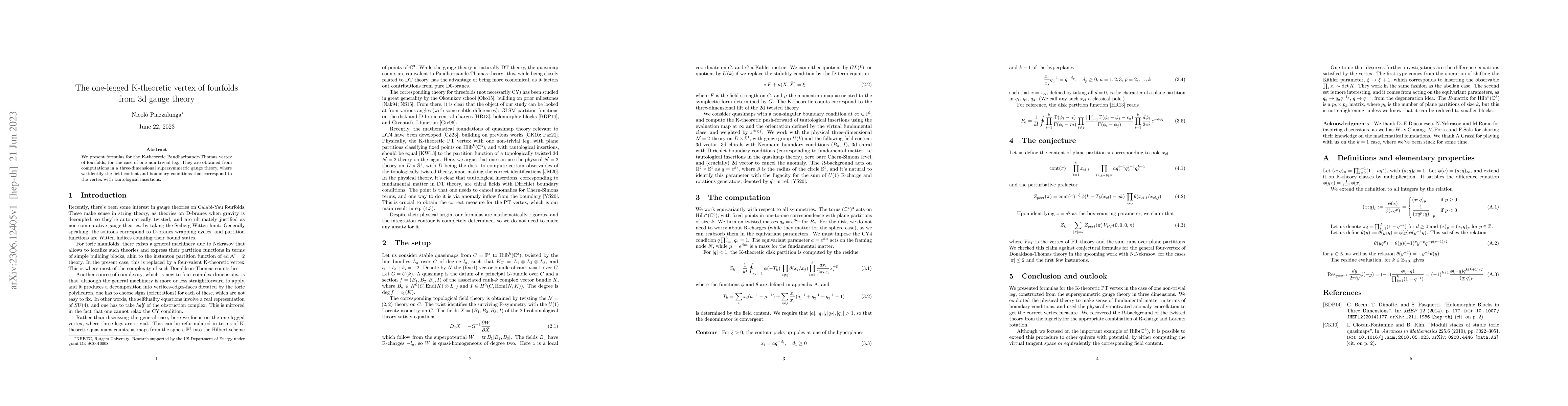 Thumbnail for The one-legged K-theoretic vertex of fourfolds from 3d gauge theory