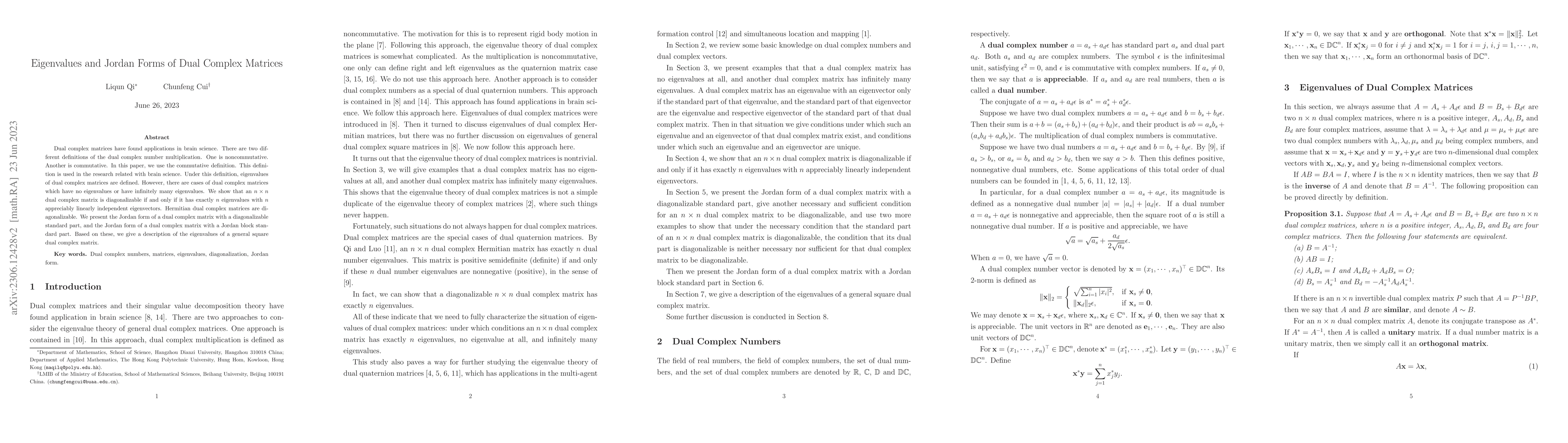 Thumbnail for Eigenvalues and Jordan Forms of Dual Complex Matrices