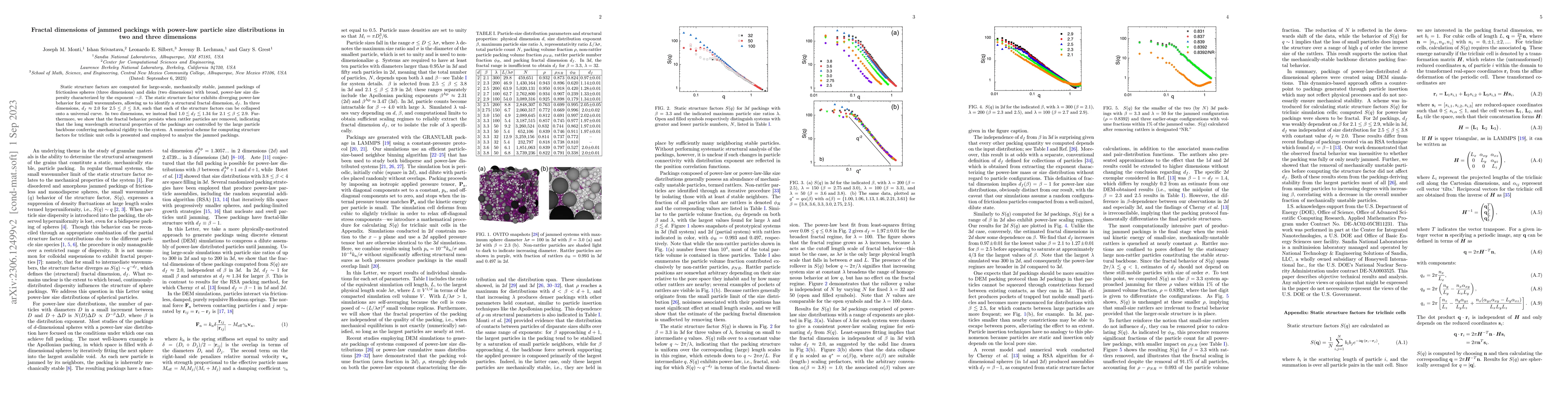Thumbnail for Fractal dimensions of jammed packings with power-law particle size
  distributions in two and three dimensions