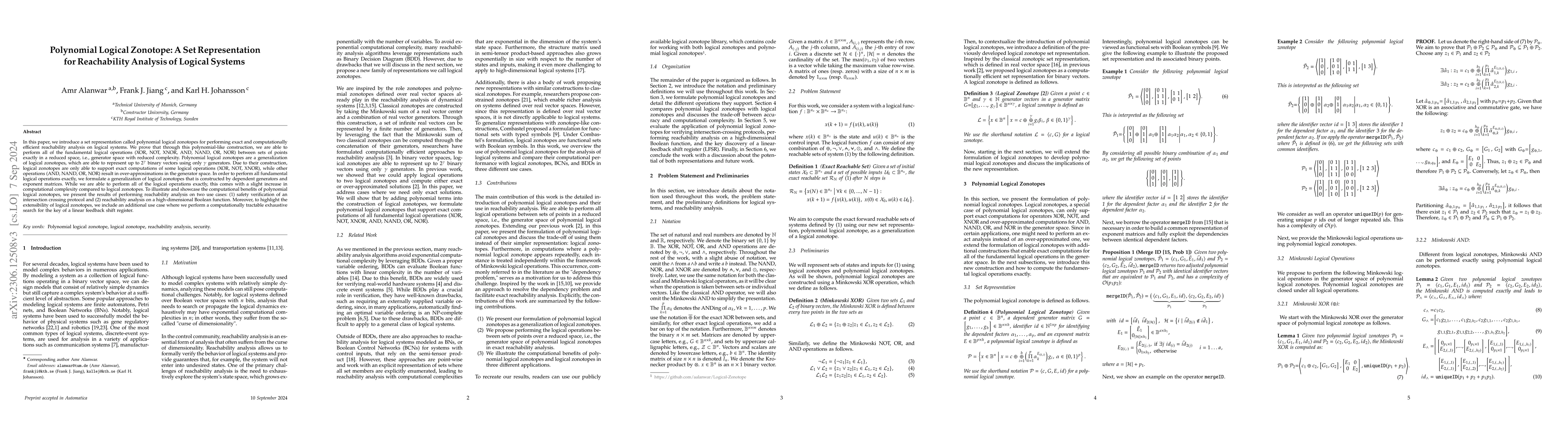 Thumbnail for Polynomial Logical Zonotopes: A Set Representation for Reachability
  Analysis of Logical Systems
