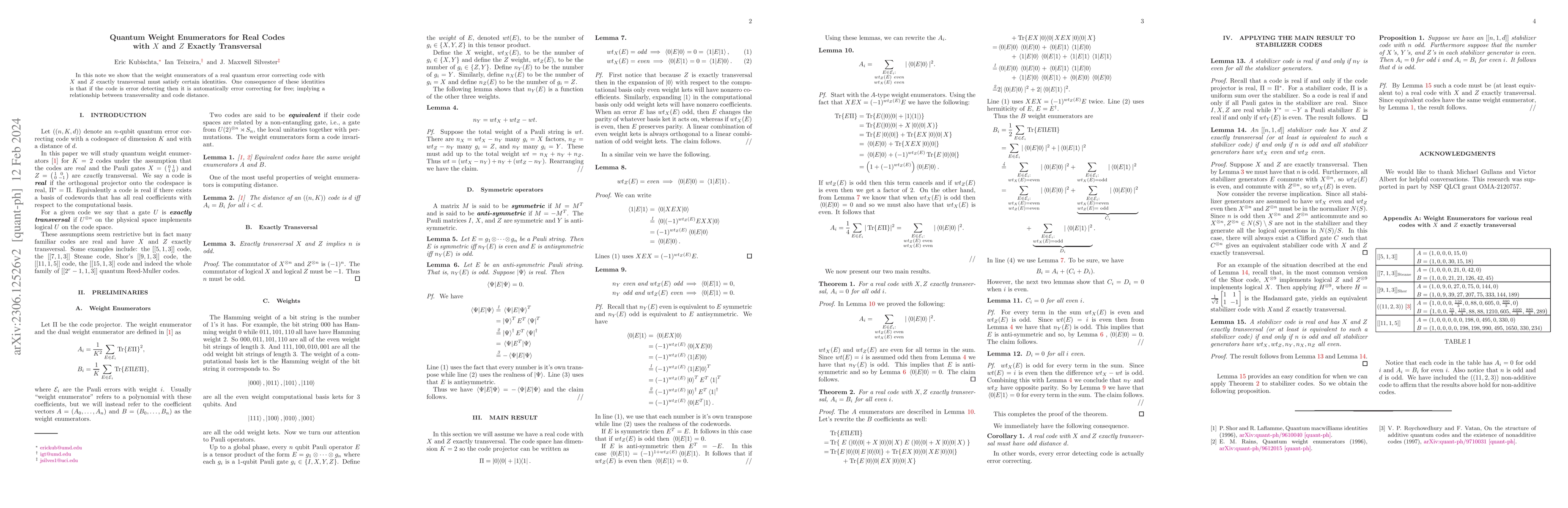 Thumbnail for Quantum Weight Enumerators for Real Codes with $X$ and $Z$ Exactly
  Transversal