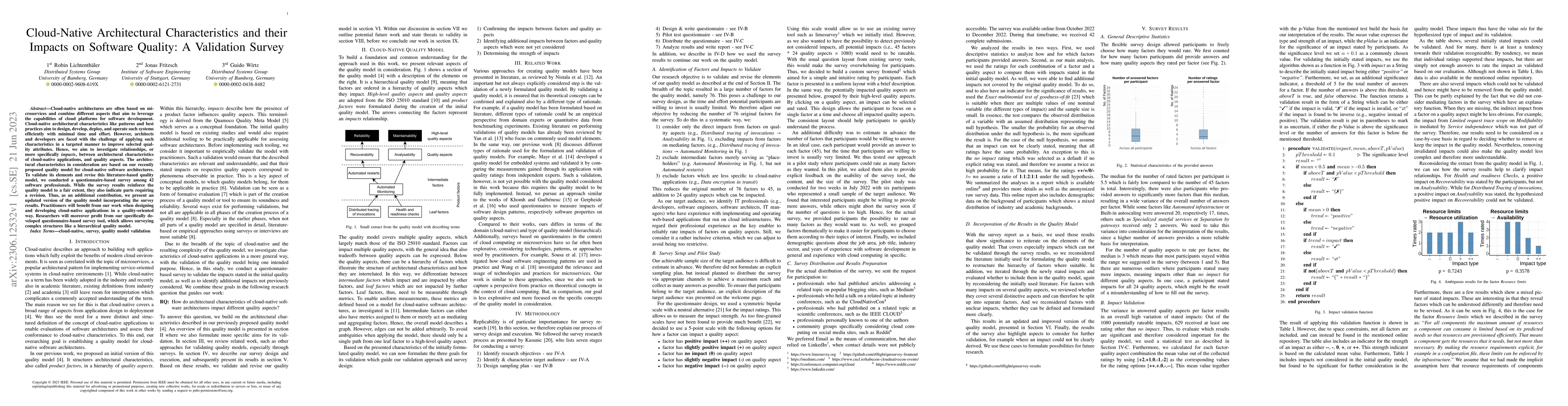 Thumbnail for Cloud-Native Architectural Characteristics and their Impacts on Software
  Quality: A Validation Survey