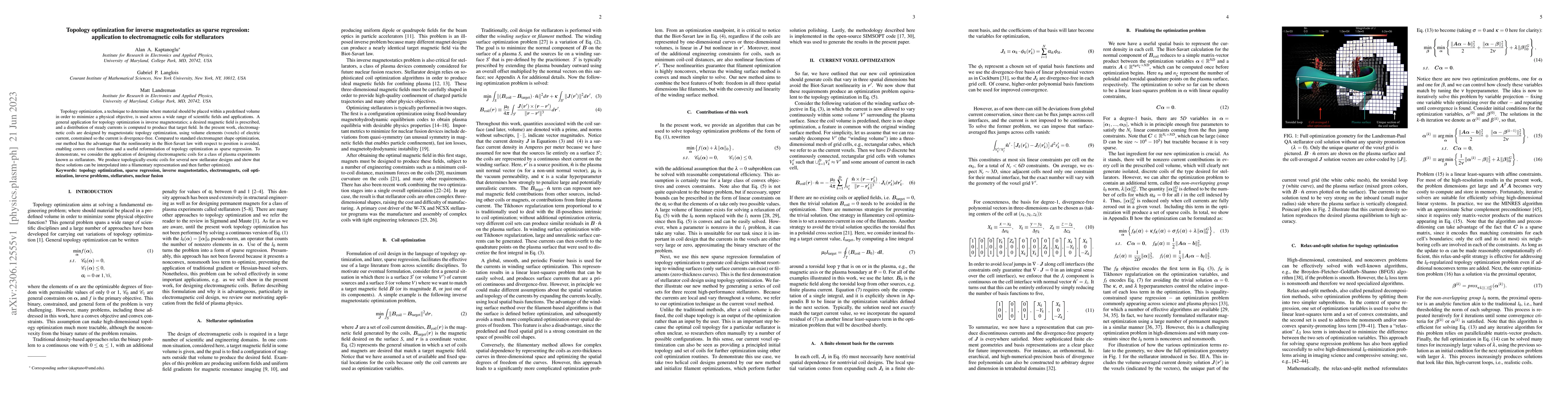 Thumbnail for Topology optimization for inverse magnetostatics as sparse regression:
  application to electromagnetic coils for stellarators
