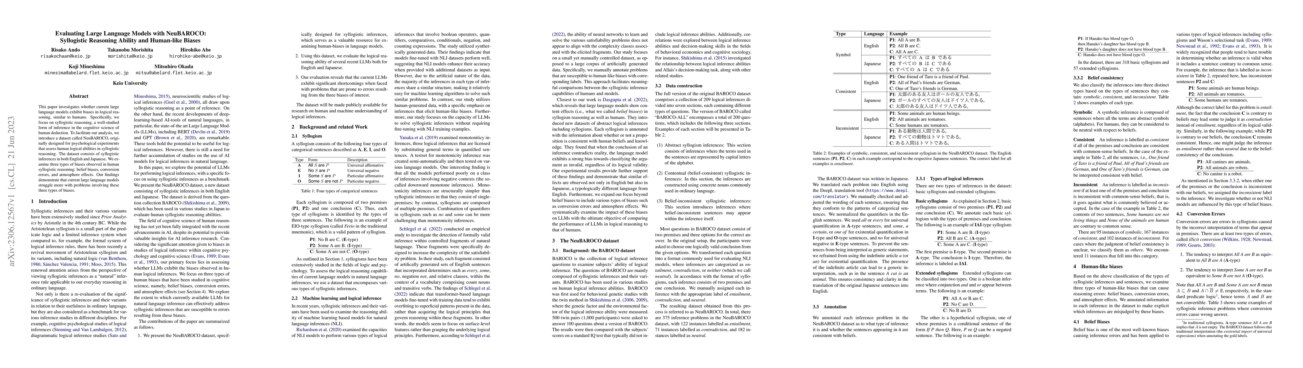 Thumbnail for Evaluating Large Language Models with NeuBAROCO: Syllogistic Reasoning
  Ability and Human-like Biases