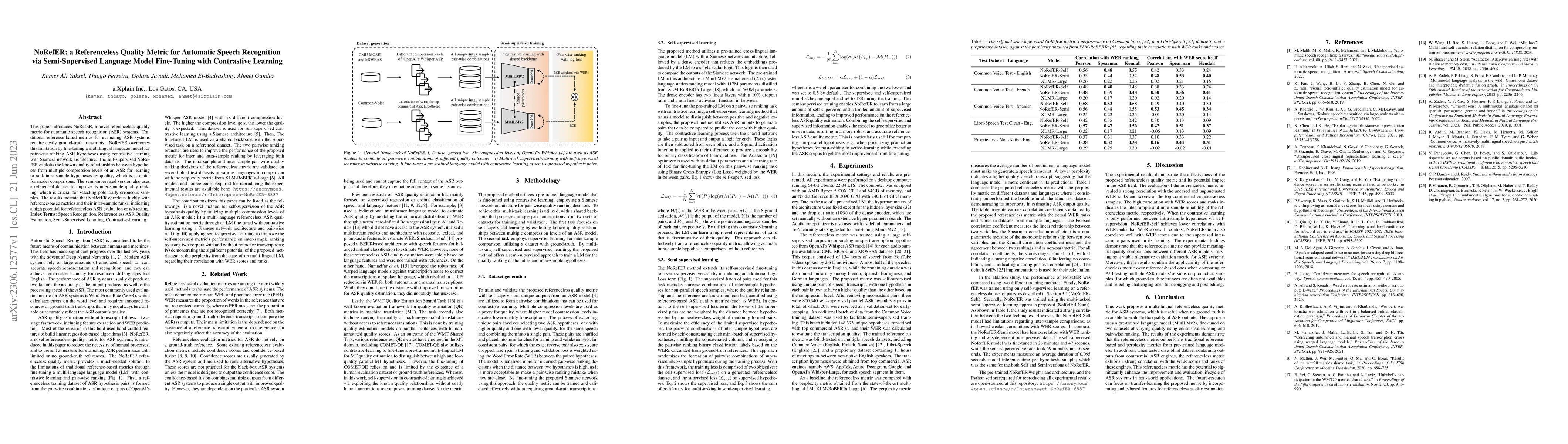 Thumbnail for NoRefER: a Referenceless Quality Metric for Automatic Speech Recognition
  via Semi-Supervised Language Model Fine-Tuning with Contrastive Learning