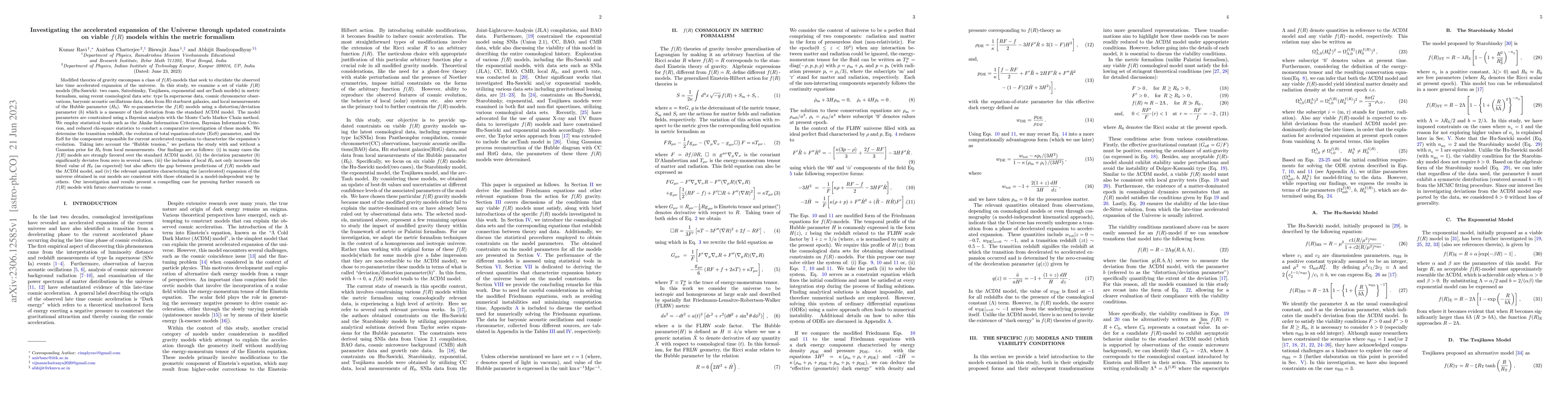 Thumbnail for Investigating the accelerated expansion of the Universe through updated
  constraints on viable $f(R)$ models within the metric formalism