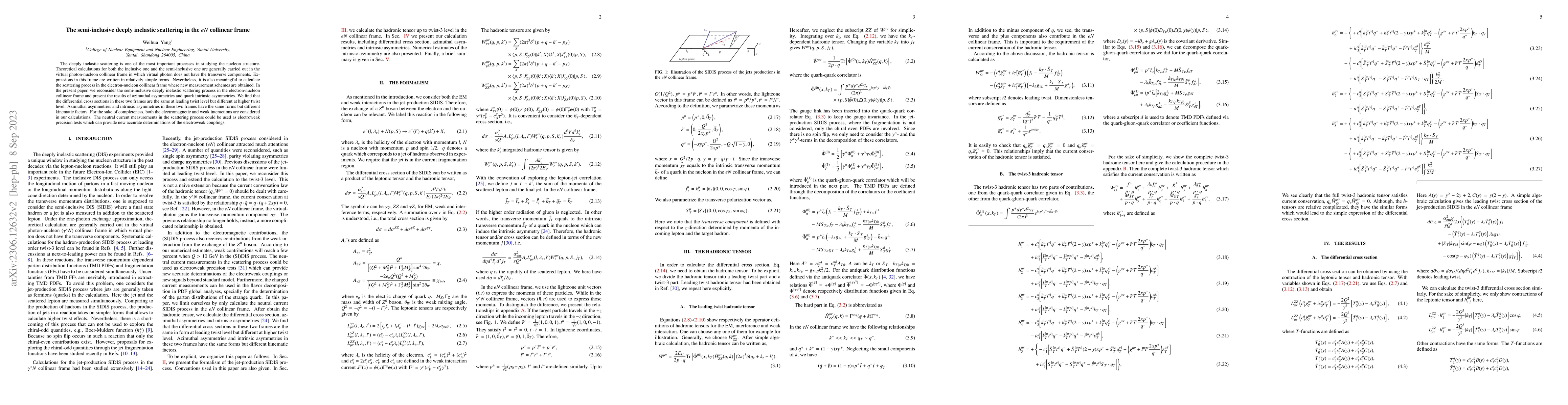 Thumbnail for The semi-inclusive deeply inelastic scattering in the eN collinear frame