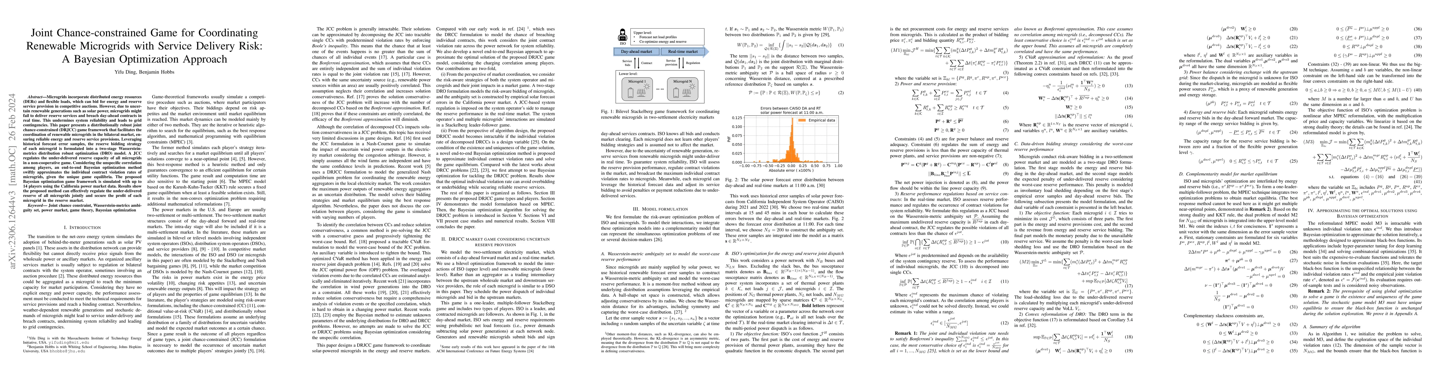 Thumbnail for Joint Chance-constrained Game for Coordinating Renewable Microgrids with
  Service Delivery Risk: A Bayesian Optimization Approach