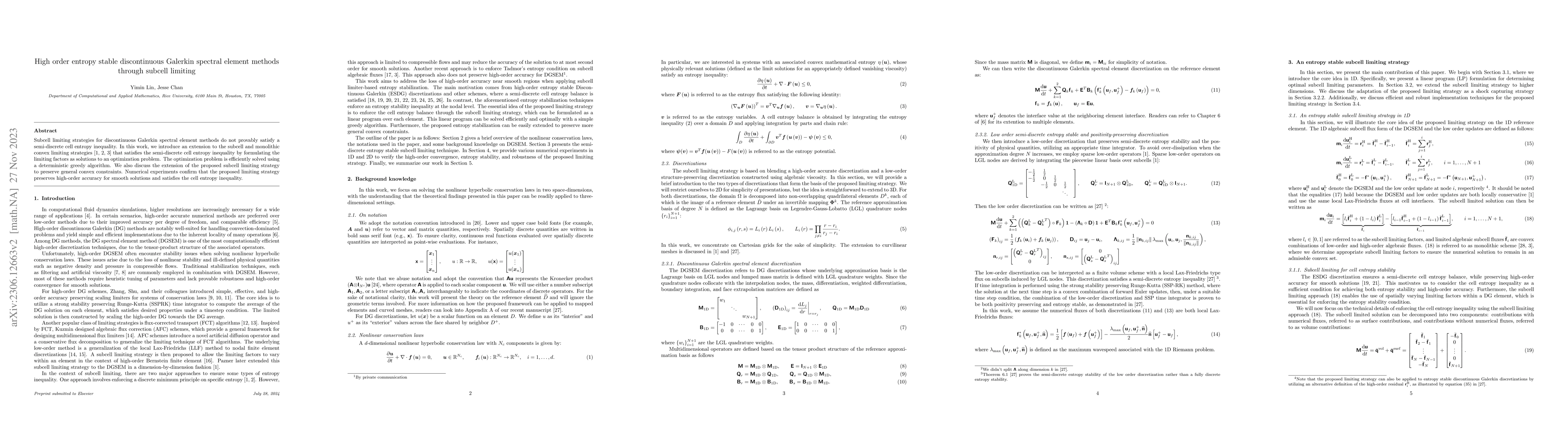 Thumbnail for High order entropy stable discontinuous Galerkin spectral element
  methods through subcell limiting