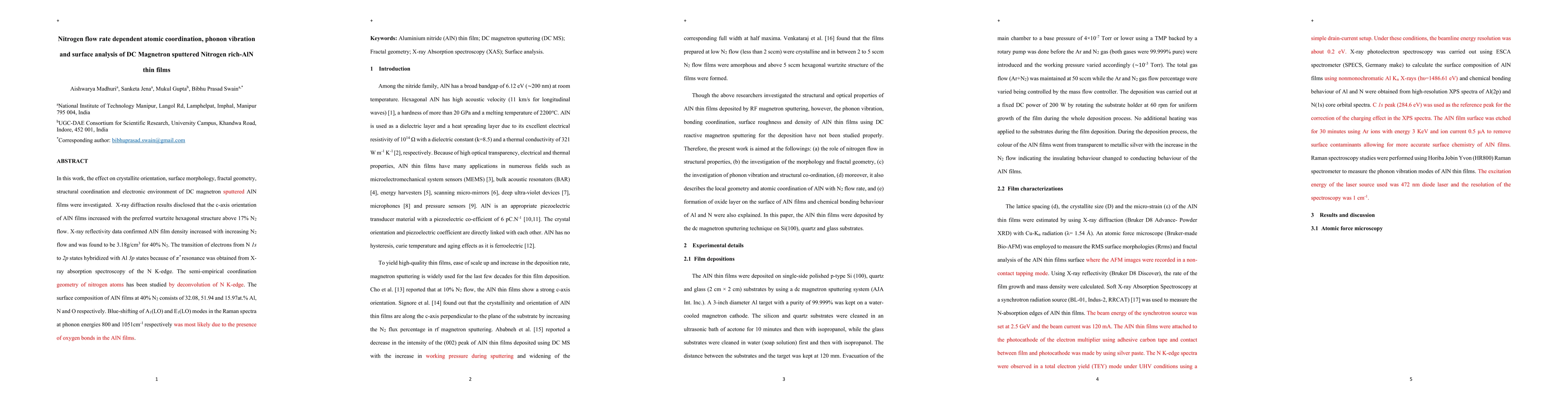 Thumbnail for Nitrogen flow rate dependent atomic coordination, phonon vibration and
  surface analysis of DC Magnetron sputtered Nitrogen rich-AlN thin films