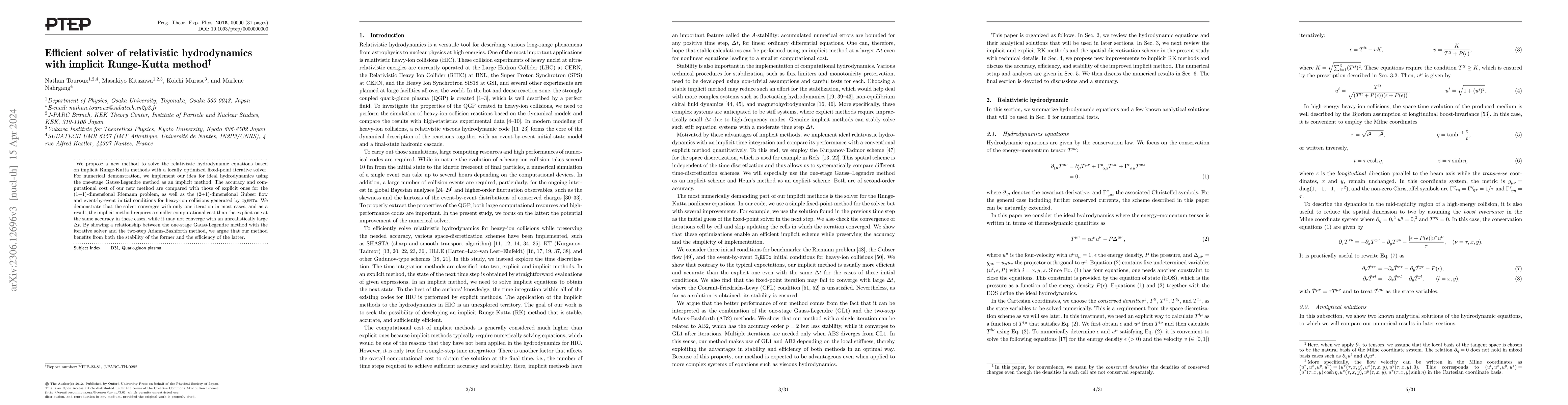 Thumbnail for Efficient solver of relativistic hydrodynamics with implicit Runge-Kutta
  method