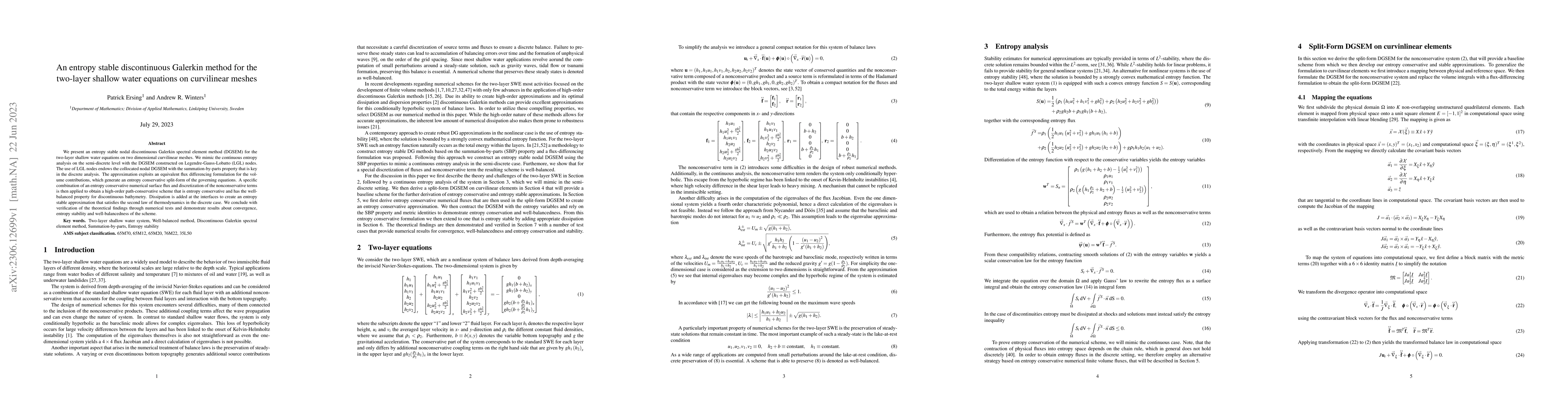 Thumbnail for An entropy stable discontinuous Galerkin method for the two-layer
  shallow water equations on curvilinear meshes