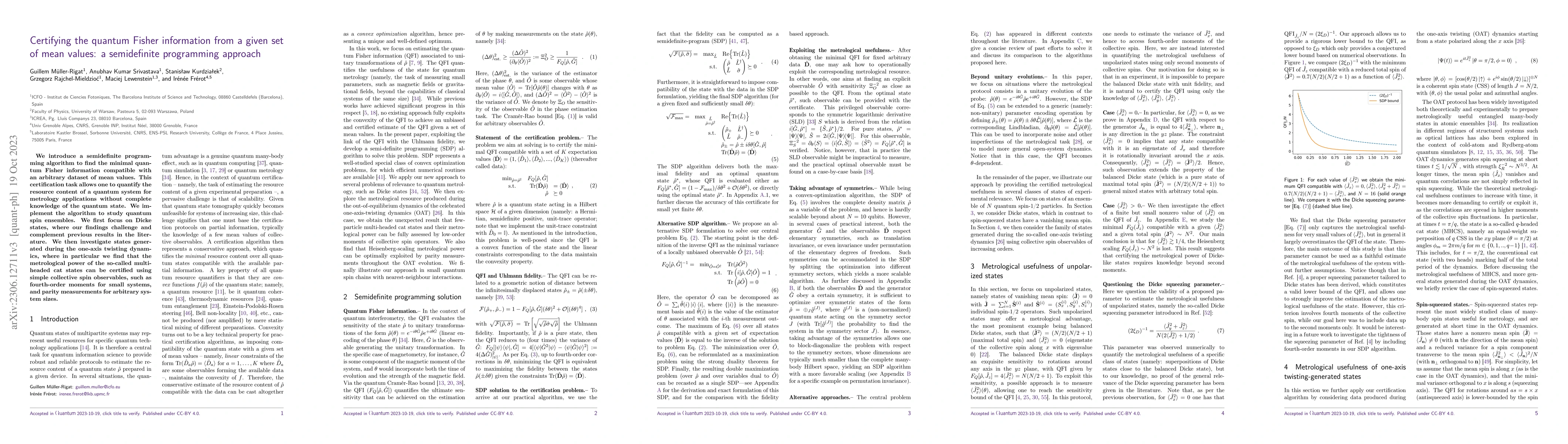 Thumbnail for Certifying the quantum Fisher information from a given set of mean
  values: a semidefinite programming approach