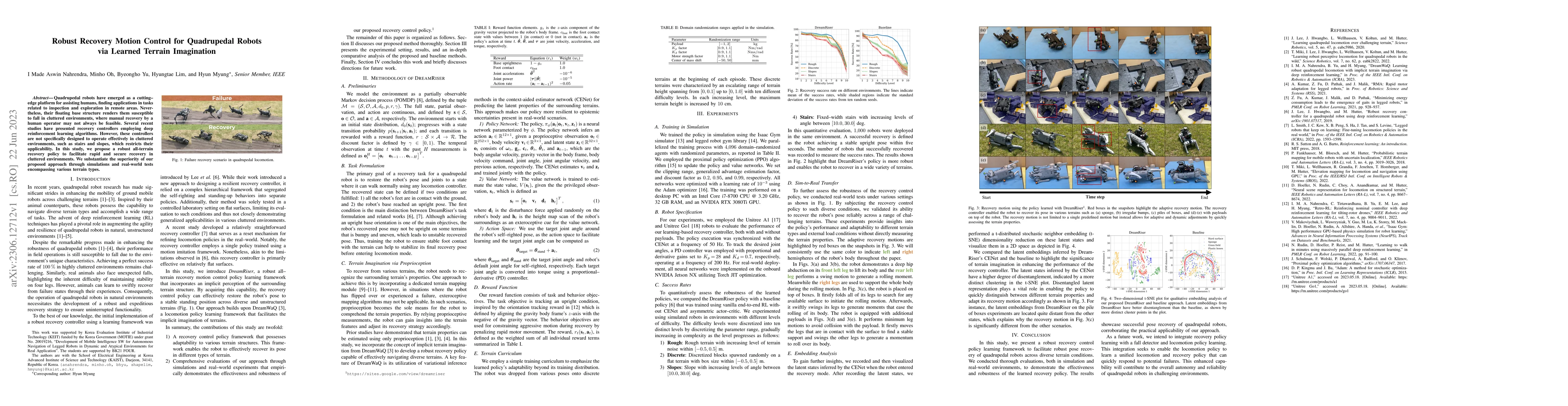Thumbnail for Robust Recovery Motion Control for Quadrupedal Robots via Learned
  Terrain Imagination